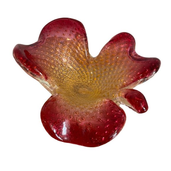 Murano Other - Vintage Murano Art Glass Bowl Genuine Venetian Glass Flower Red Gold Italy